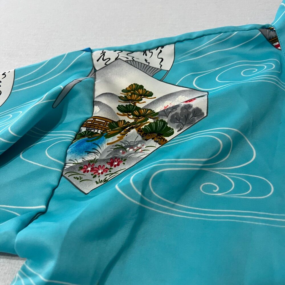 Vintage Japanese Style Kimono Robe Turquoise Fan Garden Print Belted One Size - Picture 2 of 12